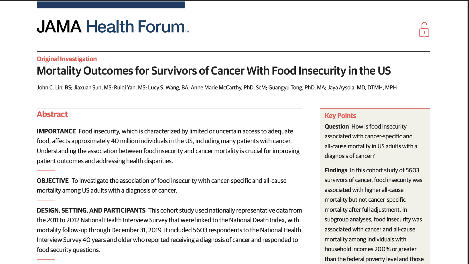 Food insecurity and cancer outcomes research